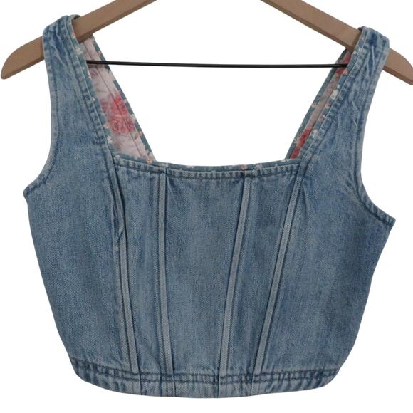 Lucky Brand x Laura Ashley Womens Sz S Denim Corset Crop Top Fitted Bustier - Picture 1 of 6